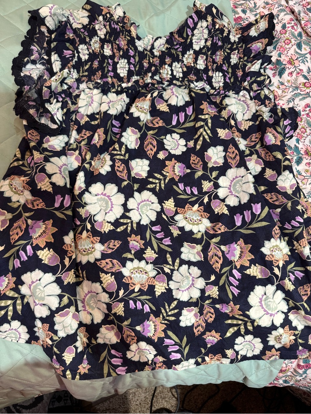 Lane Bryant Navy Floral Blouse with Lavender and Cream Accents